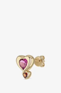 Einzelner Gelbgoldohrstecker mit Tourmalin und Granat Double Heart