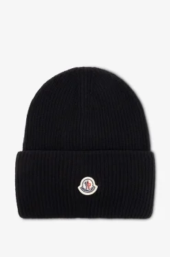 Rippstrickmütze aus Schurwolle mit Umschlag und Logo