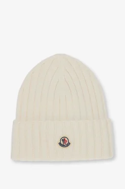 Rippstrick-Mütze aus Schurwolle mit Umschlag und Logo-Patch